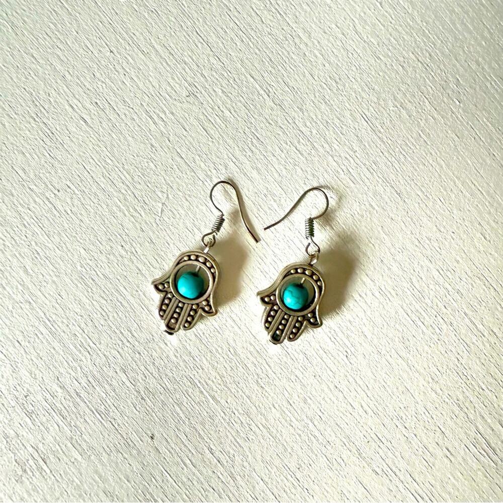 Semi-Precious Chrysocolla and Hematite Hamsa Beaded Earrings